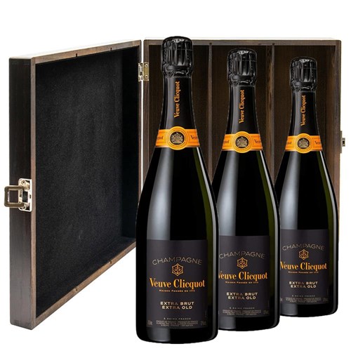 Veuve Clicquot Extra Brut Extra Old Champagne 75cl Treble Elm Wood Gift Boxed Champagne (3x75cl)